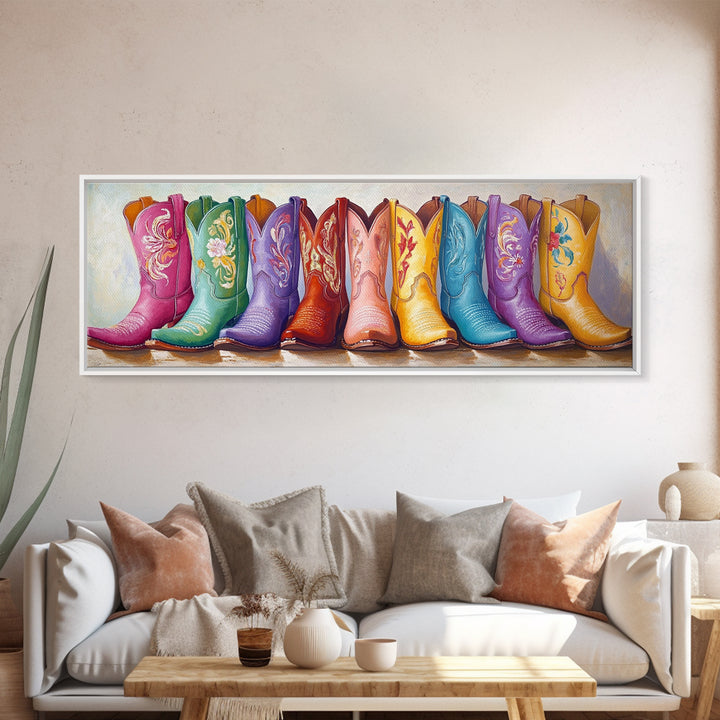 Pastel Floral Cowboy Boots Framed Canvas Print, Western Wall Art, Cowgirl Nursery Decor, Boho Bedroom Wall Decor Gift For Her