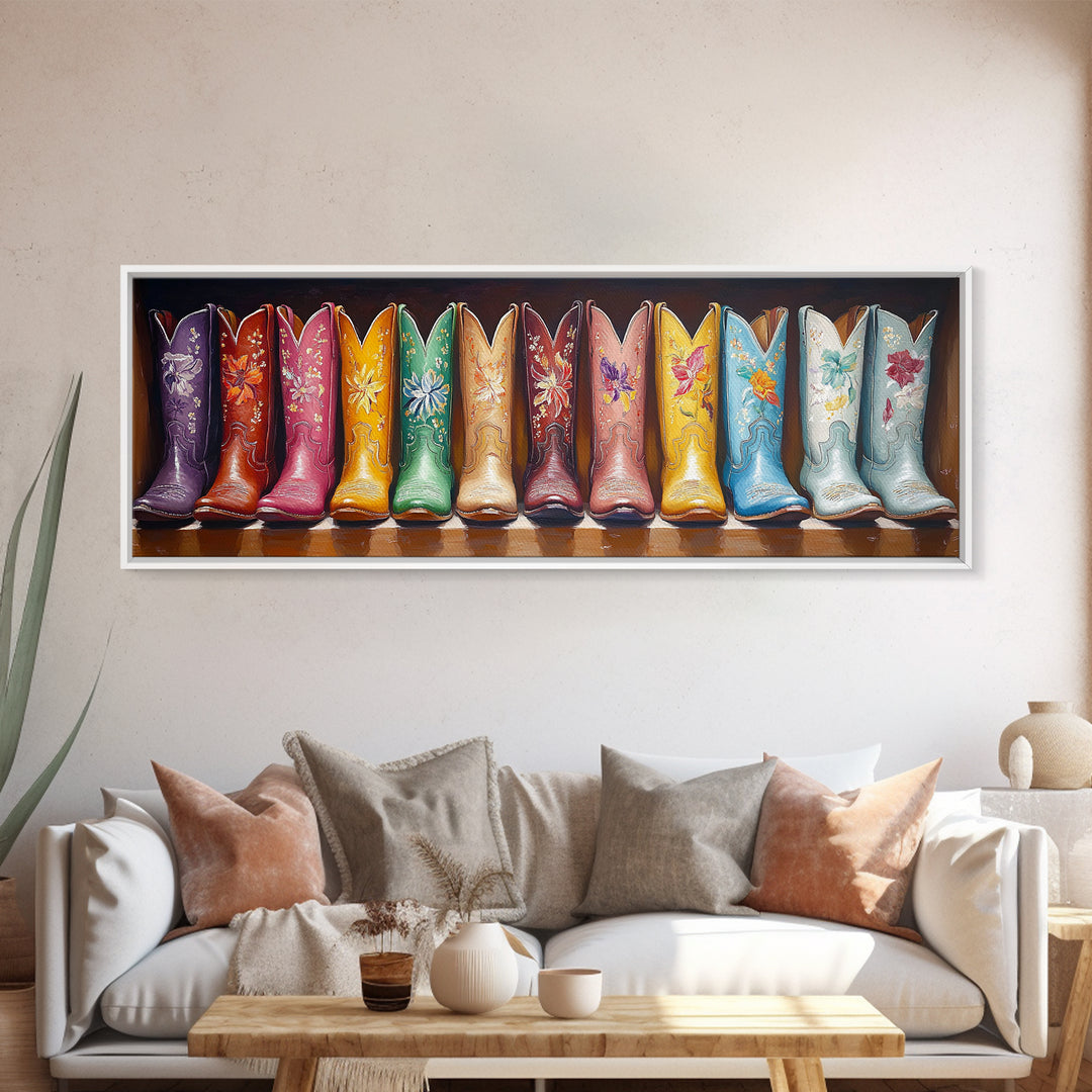 Dark Background Floral Cowboy Boots Framed Canvas Print, Western Wall Art, Moody Cowgirl Decor, Rustic Living Room Art, Gift For Her