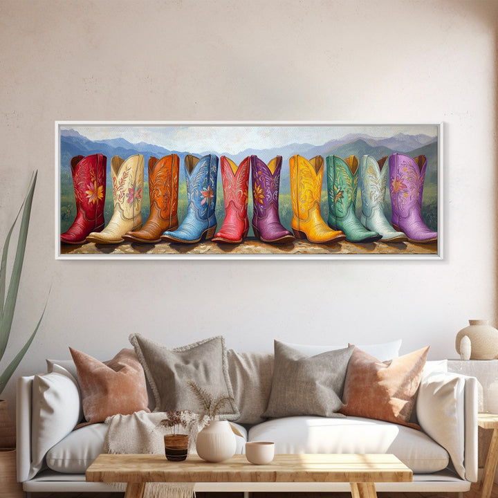 Cowboy Boots With Mountain Landscape Canvas Print, Western Wall Art, Colorful Cowgirl Decor, Rustic Cabin Housewarming Gift