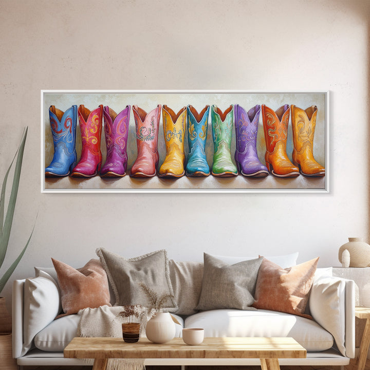 Bright Embroidered Cowboy Boots Canvas Print, Western Wall Art, Cowgirl Home Decor, Colorful Boho Bedroom Housewarming Gift