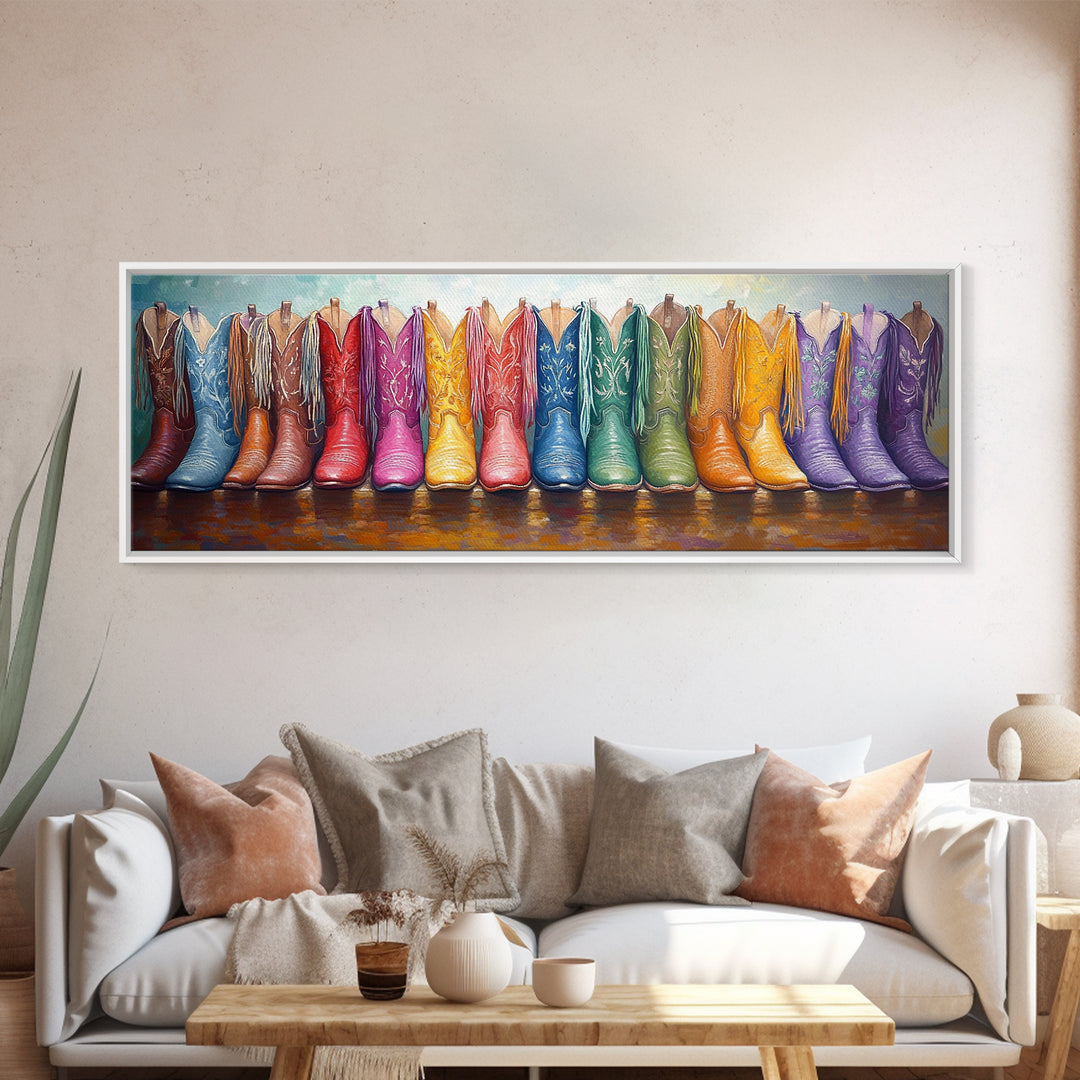 Panoramic Rainbow Cowboy Boots Wall Art, Long Horizontal Canvas Print For Western Decor, Cowgirl Ranch Home Accent Gift Idea