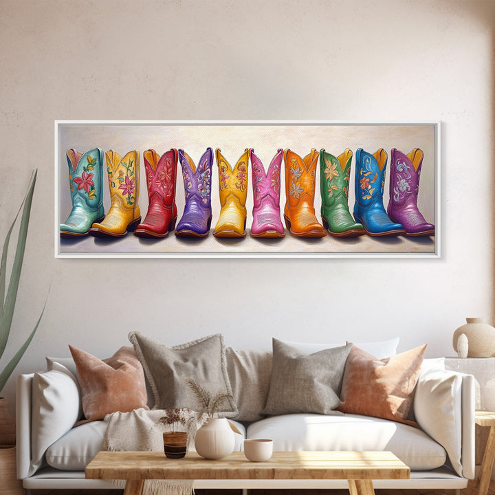 Pastel Embroidered Cowboy Boots Wall Art, Western Framed Canvas Print For Cowgirl Nursery Decor And Rustic Home Wall Decor