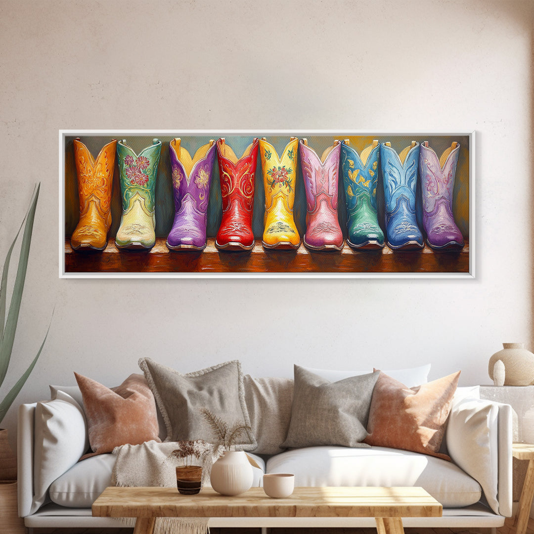 Glossy Embroidered Cowgirl Boots Canvas Print, Colorful Western Wall Art, Rodeo Room Decor, Boho Ranch Housewarming Gift Idea