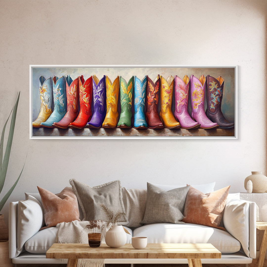 Tall Rainbow Cowboy Boots Wall Art, Western Decor, Colorful Cowgirl Canvas Print, Rustic Farmhouse Living Room Art Gift Idea