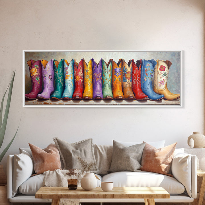 Colorful Embroidered Cowboy Boots Wall Art, Western Cowgirl Decor, Boho Ranch Living Room Print, Rustic Housewarming Gift