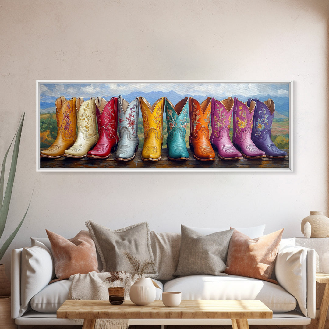 Mountain Row Cowboy Boots Wall Art, Western Cowgirl Decor, Southwestern Landscape Print, Rustic Ranch Housewarming Gift For Her