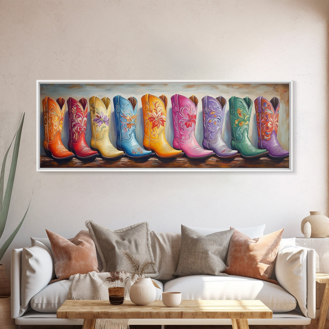 Pastel Floral Cowgirl Boots Framed Canvas Print, Western Wall Art, Boho Farmhouse Decor, Country Bedroom Wall Decor Gift