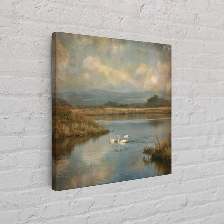 Paired Swans in a Dreamy Painterly Lake Canvas Print, Above Bed Art, Boho Wall Art, Bedroom Decor, Fine Art, Serenity, ABA-1x1-22
