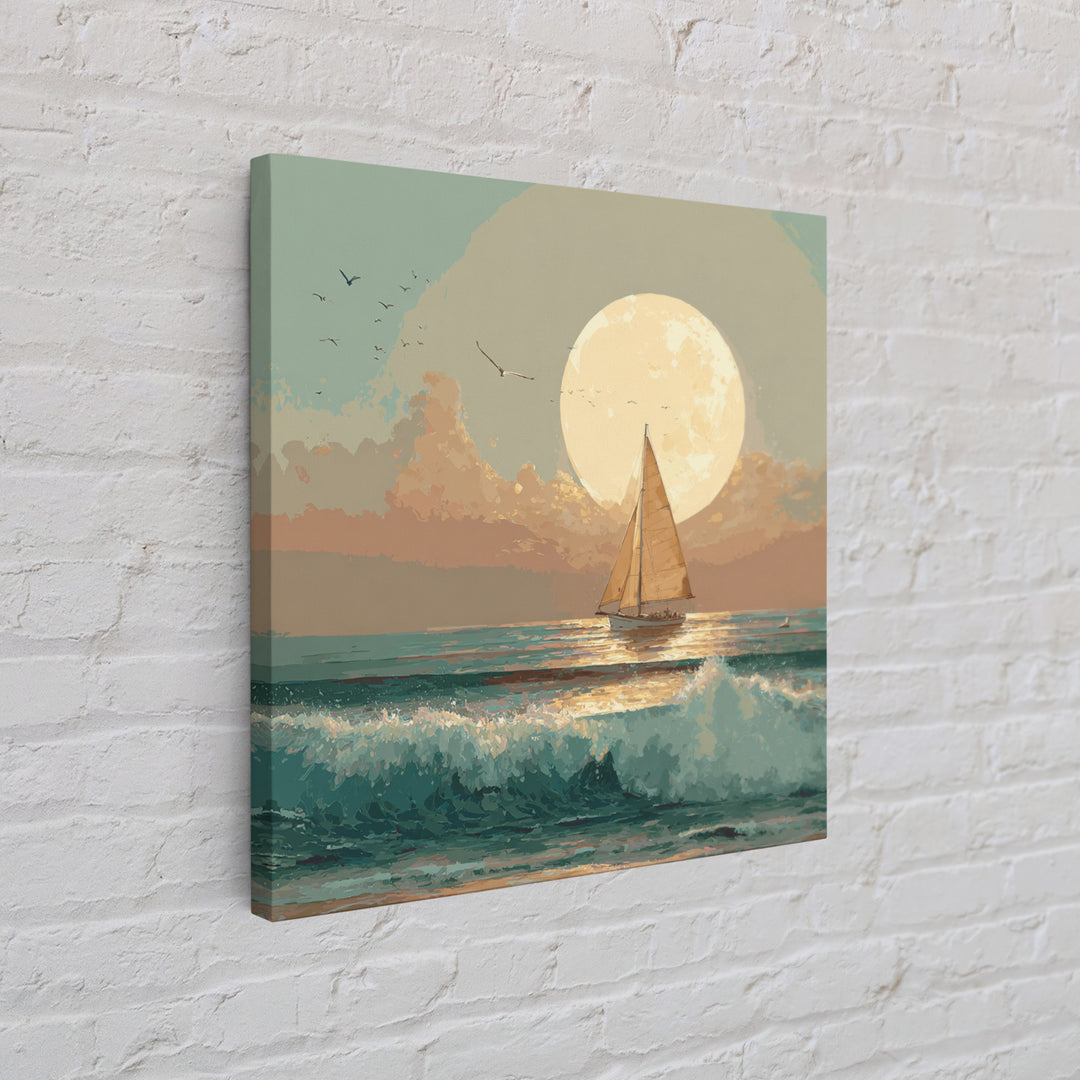 Quiet Moon over a Calm Ocean Horizon Framed Canvas Print, Above Bed Art, Living Room Decor, Bedroom Decor, Oil Painting, ABA-1x1-27