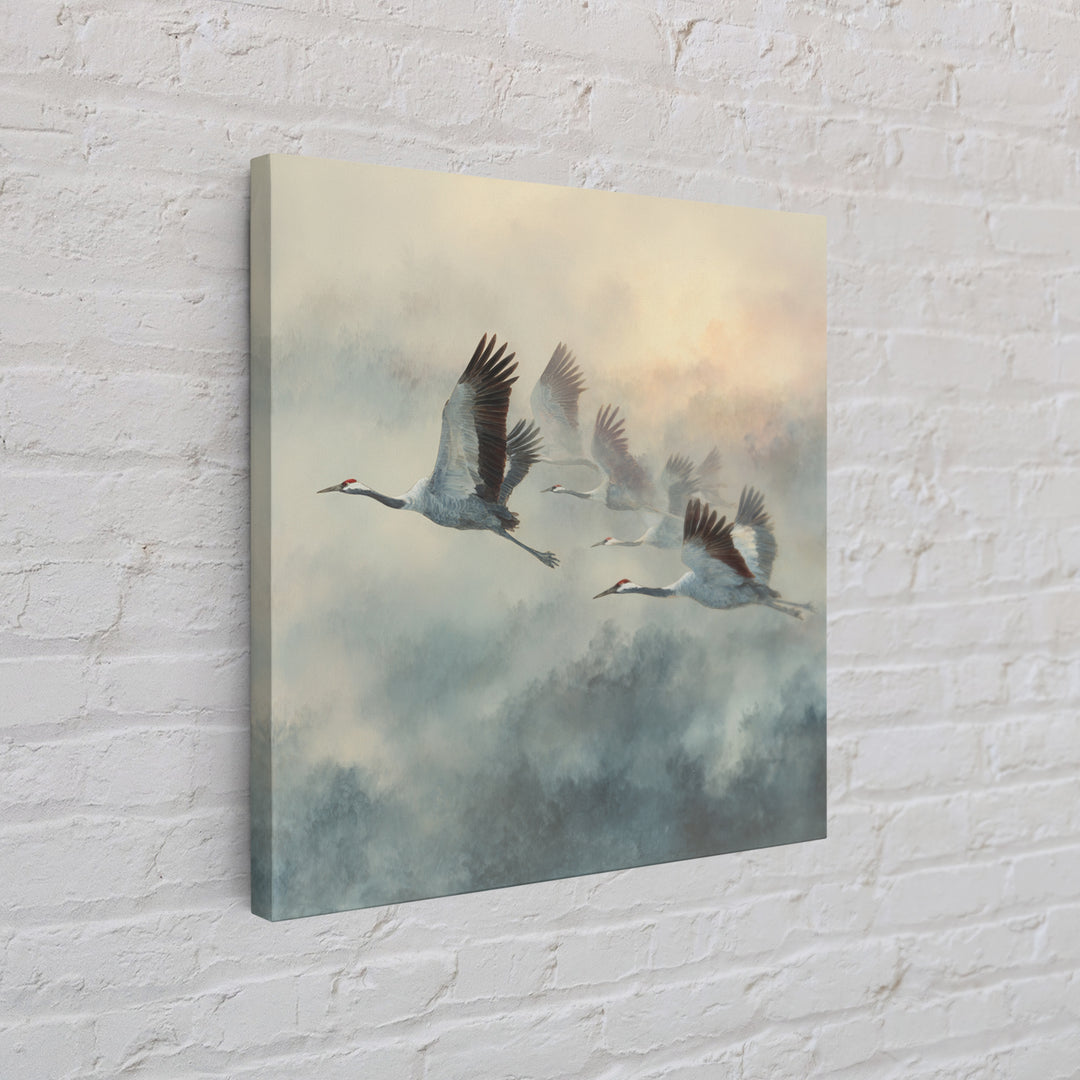 Ethereal Cranes Flying Through Pale Morning Mist Canvas Print, Above Bed Art, Fine Art Print, Bedroom Decor, Serenity, ABA-1x1-33
