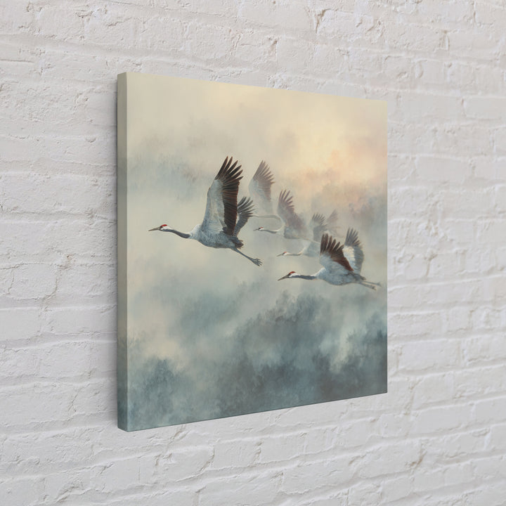 Ethereal Cranes Flying Through Pale Morning Mist Canvas Print, Above Bed Art, Fine Art Print, Bedroom Decor, Serenity, ABA-1x1-33