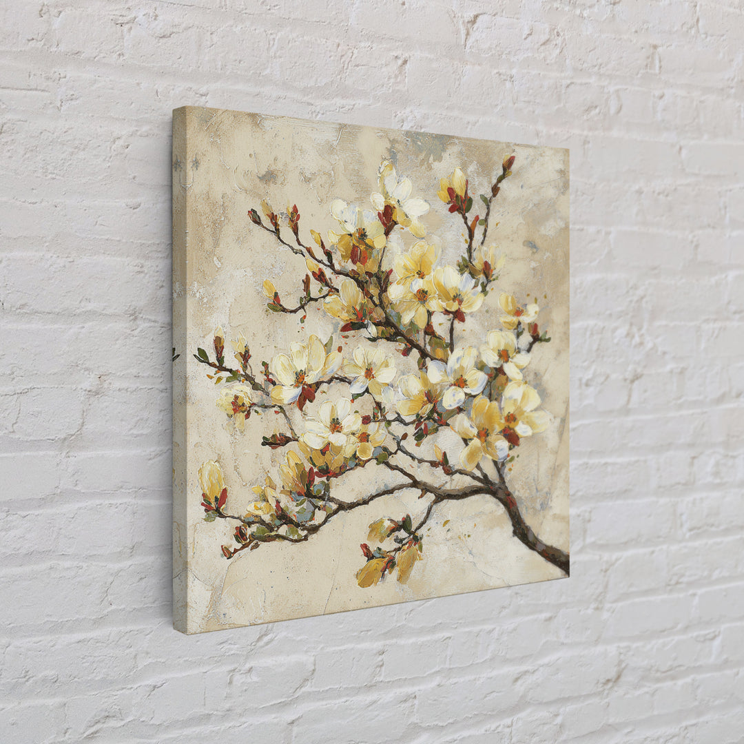 Delicate Magnolia Branch on Cream Background Framed Canvas Print, Above Bed Art, Bedroom Decor, Watercolor Art, Serenity, ABA-1x1-40
