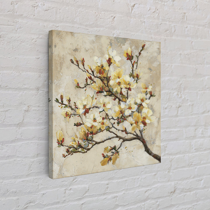 Delicate Magnolia Branch on Cream Background Framed Canvas Print, Above Bed Art, Bedroom Decor, Watercolor Art, Serenity, ABA-1x1-40
