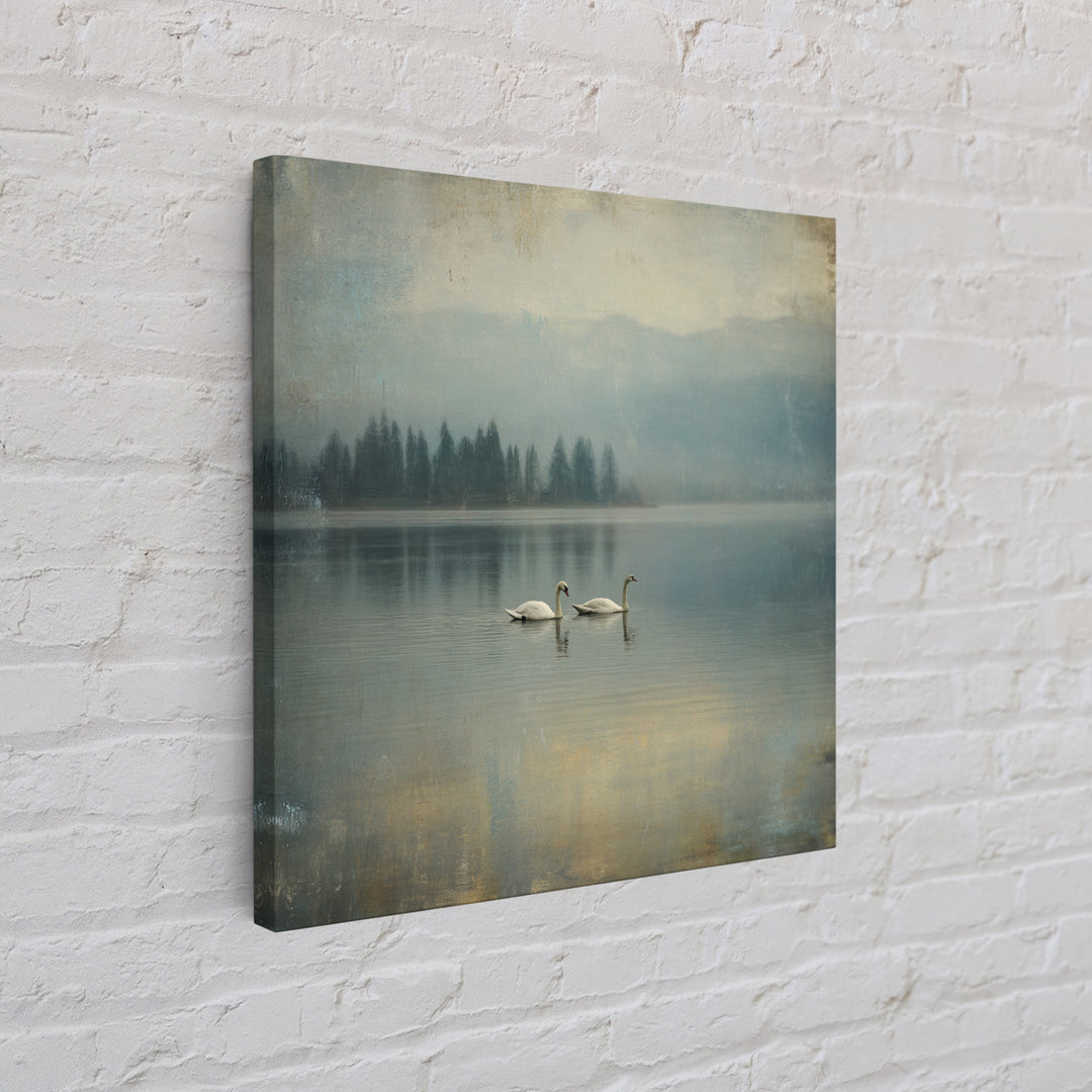 Paired Swans in a Dreamy Painterly Lake Framed Canvas Print, Above Bed Art, Boho Decor, Bedroom Decor, Oil Painting, Serenity, ABA-1x1-46