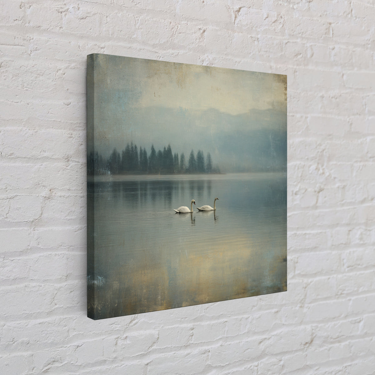 Paired Swans in a Dreamy Painterly Lake Framed Canvas Print, Above Bed Art, Boho Decor, Bedroom Decor, Oil Painting, Serenity, ABA-1x1-46