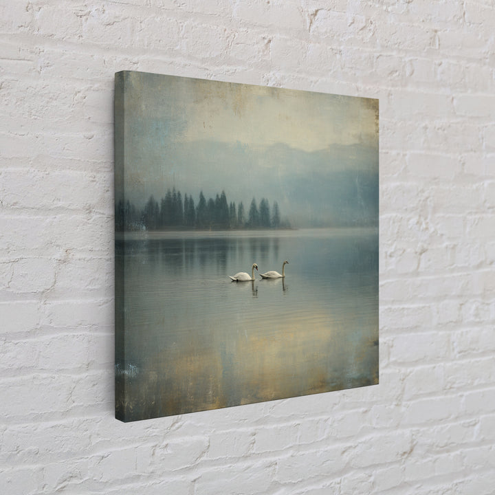 Paired Swans in a Dreamy Painterly Lake Framed Canvas Print, Above Bed Art, Boho Decor, Bedroom Decor, Oil Painting, Serenity, ABA-1x1-46