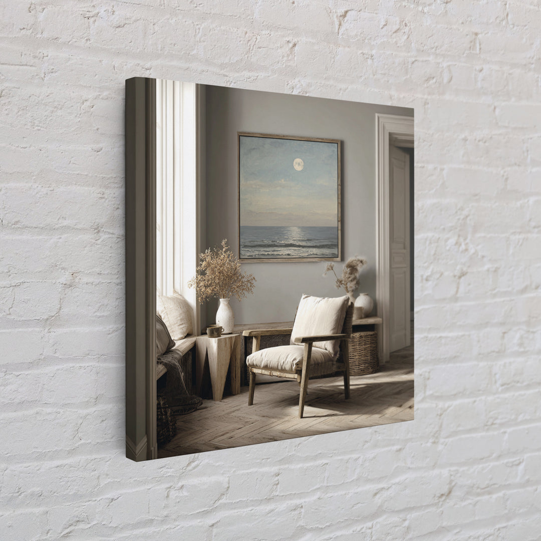 Quiet Moon over a Calm Ocean Horizon Framed Canvas Print, Above Bed Art, Bedroom Wall Art, Bedroom Decor, Fine Art, Serenity, ABA-1x1-51