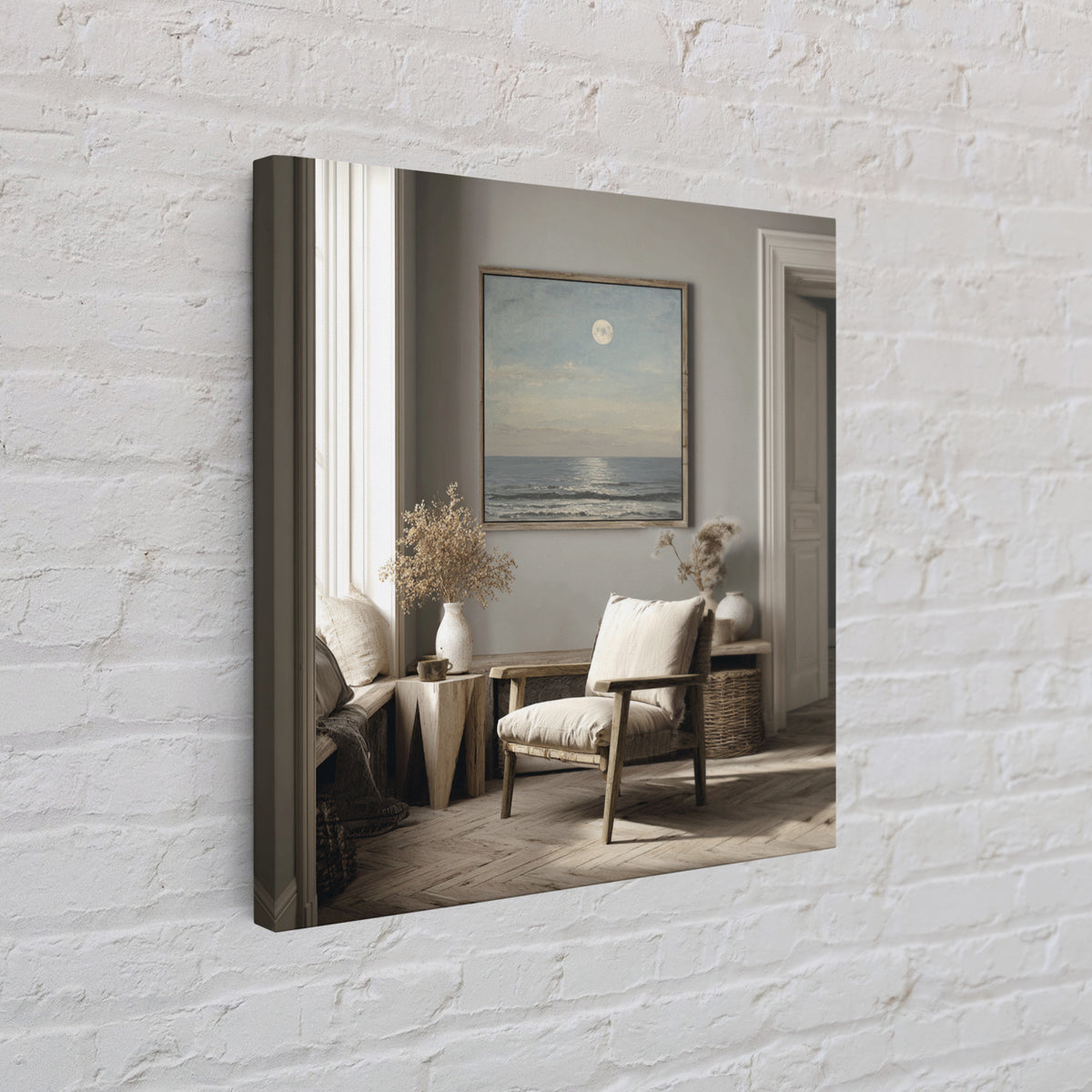 Quiet Moon over a Calm Ocean Horizon Framed Canvas Print, Above Bed Art, Bedroom Wall Art, Bedroom Decor, Fine Art, Serenity, ABA-1x1-51
