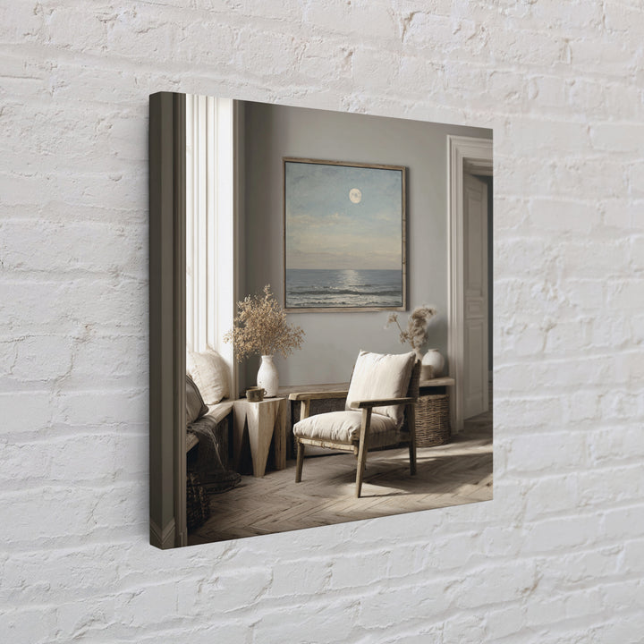 Quiet Moon over a Calm Ocean Horizon Framed Canvas Print, Above Bed Art, Bedroom Wall Art, Bedroom Decor, Fine Art, Serenity, ABA-1x1-51