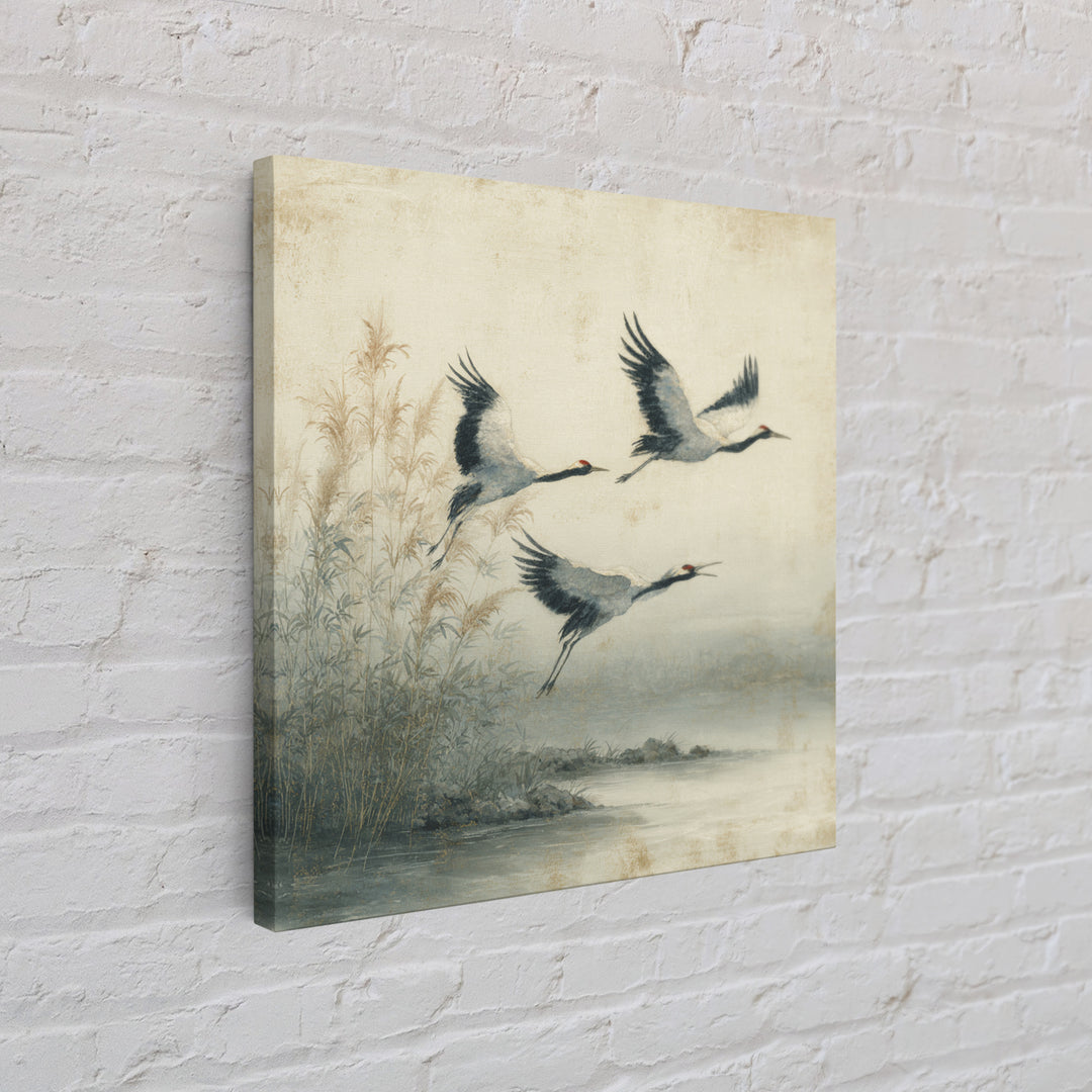Ethereal Cranes Flying Through Pale Morning Mist Canvas Print, Above Bed Art, Fine Art Print, Bedroom Decor, Serenity, ABA-1x1-57
