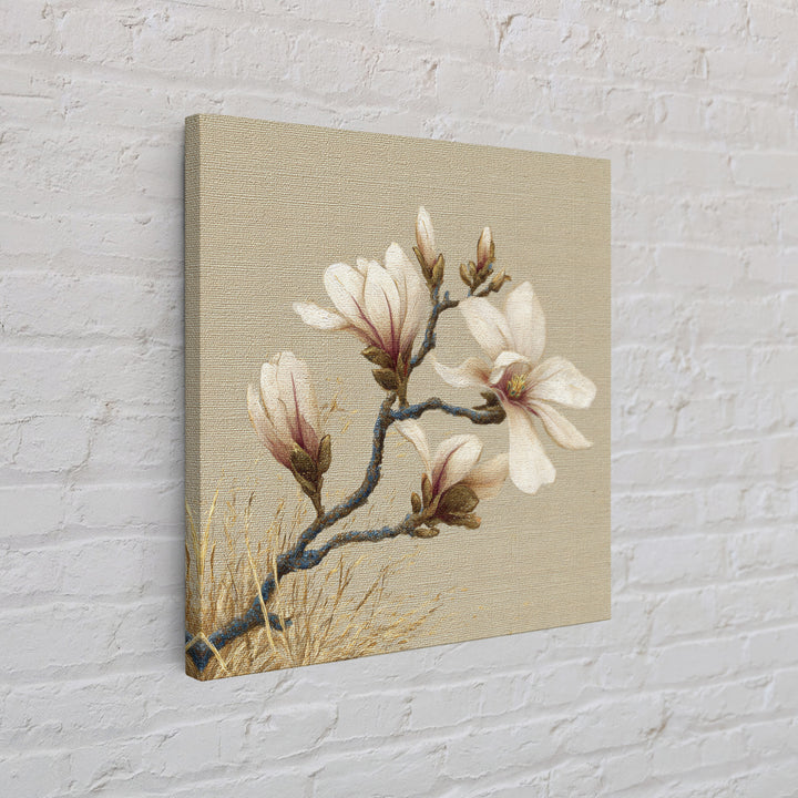 Delicate Magnolia Branch on Cream Background Framed Canvas Print, Above Bed Art, Boho Wall Art, Bedroom Decor, Watercolor Art, ABA-1x1-64