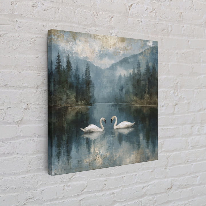 Paired Swans in a Dreamy Painterly Lake Framed Canvas Print, Above Bed Art, Boho Decor, Bedroom Decor, Oil Painting, Serenity, ABA-1x1-70