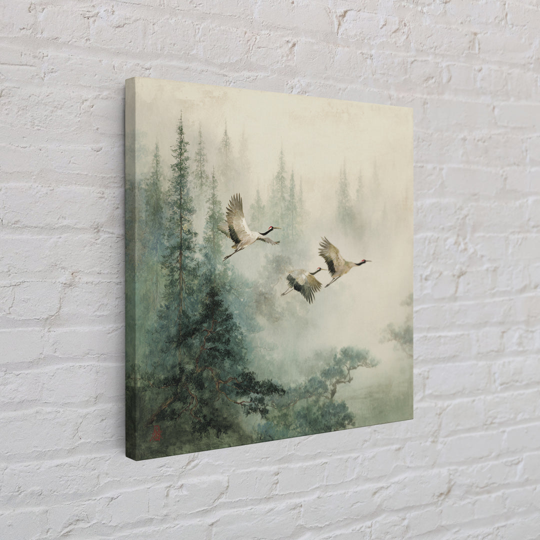 Ethereal Cranes Flying Through Pale Morning Mist Canvas Print, Above Bed Art, Textured Painting, Bedroom Decor, Serenity, ABA-1x1-81
