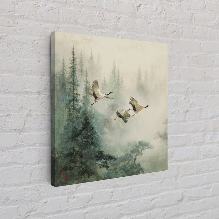 Ethereal Cranes Flying Through Pale Morning Mist Canvas Print, Above Bed Art, Textured Painting, Bedroom Decor, Serenity, ABA-1x1-81