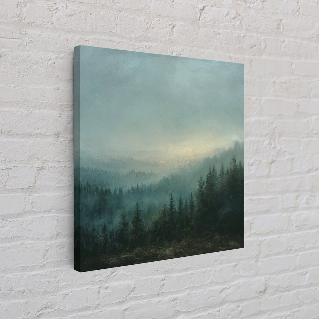 Quiet Forest Ridge Softened by Fog Canvas Print, Above Bed Art, Neutral Decor, Bedroom Decor, Oil Painting, Serenity, ABA-1x1-86