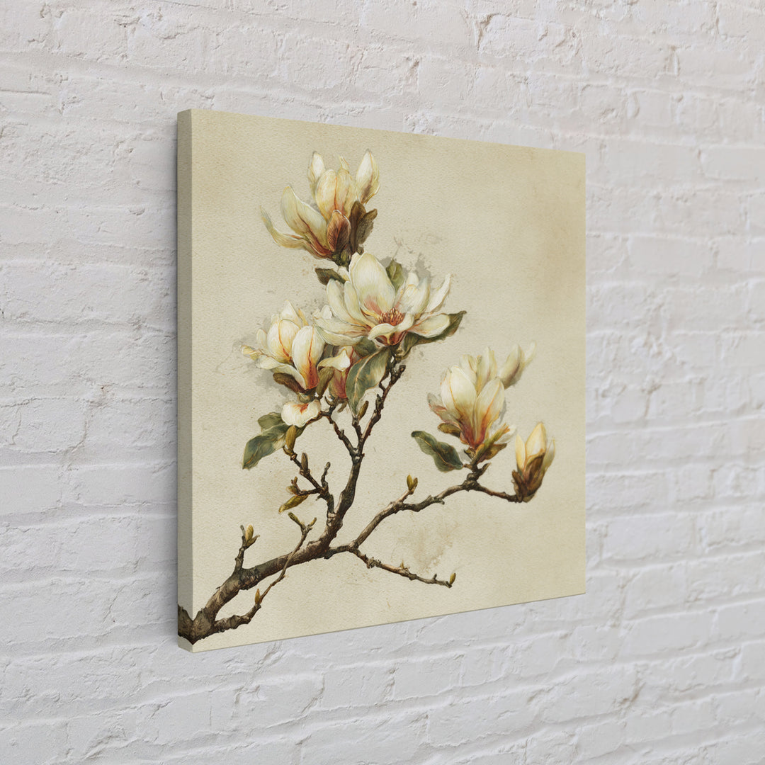 Delicate Magnolia Branch on Cream Background Canvas Print, Above Bed Art, Textured Painting, Bedroom Decor, Serenity, ABA-1x1-88
