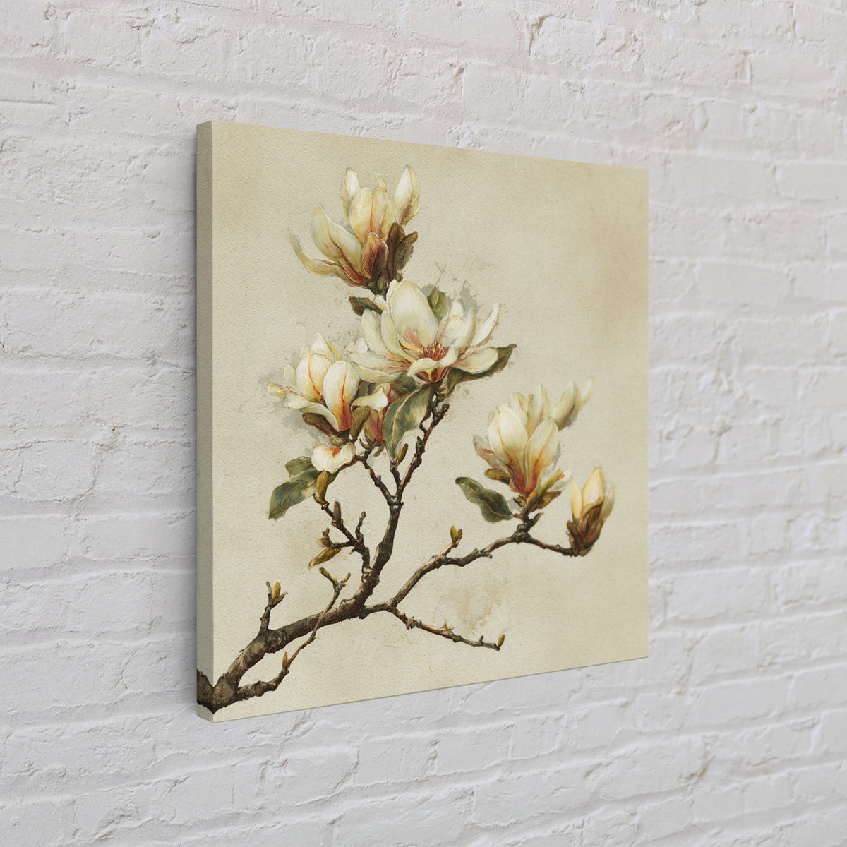 Delicate Magnolia Branch on Cream Background Canvas Print, Above Bed Art, Textured Painting, Bedroom Decor, Serenity, ABA-1x1-88