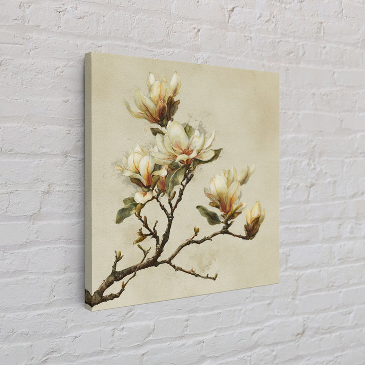 Delicate Magnolia Branch on Cream Background Canvas Print, Above Bed Art, Textured Painting, Bedroom Decor, Serenity, ABA-1x1-88