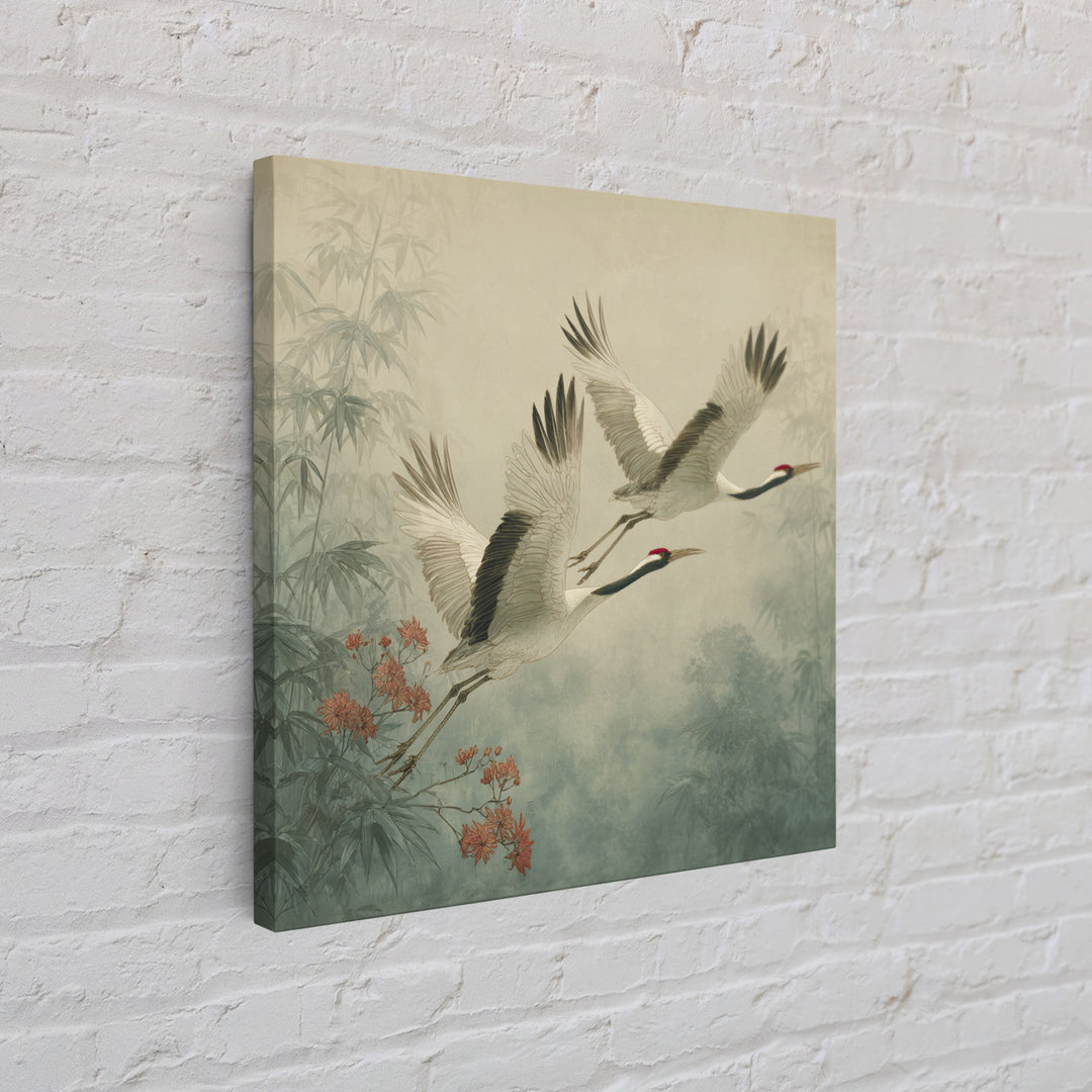 Ethereal Cranes Flying Through Pale Morning Mist Canvas Print, Above Bed Art, Bedroom Wall Decor, Bedroom Decor, Serenity, ABA-1x1-9