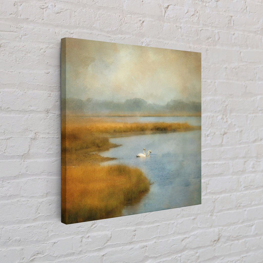 Paired Swans in a Dreamy Painterly Lake Canvas Print, Above Bed Art, Bedroom Wall Decor, Bedroom Decor, Fine Art, Serenity, ABA-1x1-94