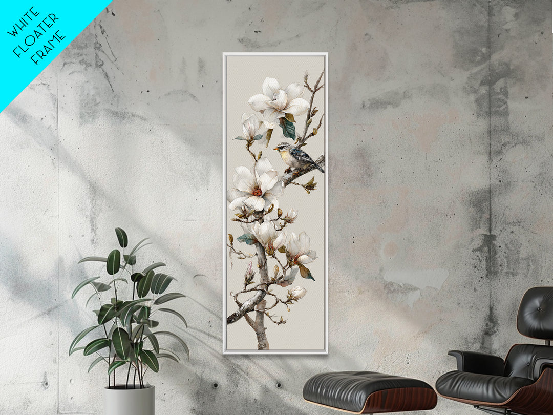Delicate Magnolia Branch on Cream Background Framed Canvas Print, Above Bed Art, Modern Decor, Bedroom Decor, Oil Painting, ABA-1x3-4