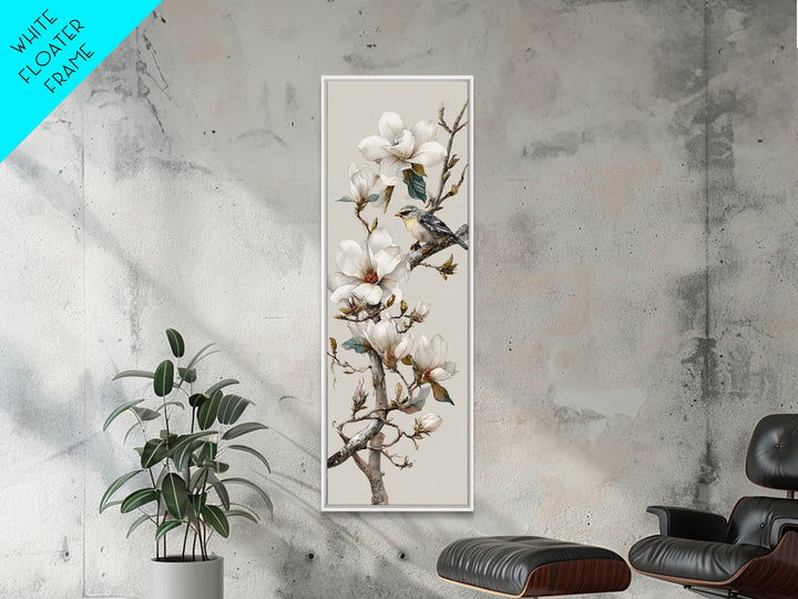 Delicate Magnolia Branch on Cream Background Framed Canvas Print, Above Bed Art, Modern Decor, Bedroom Decor, Oil Painting, ABA-1x3-4