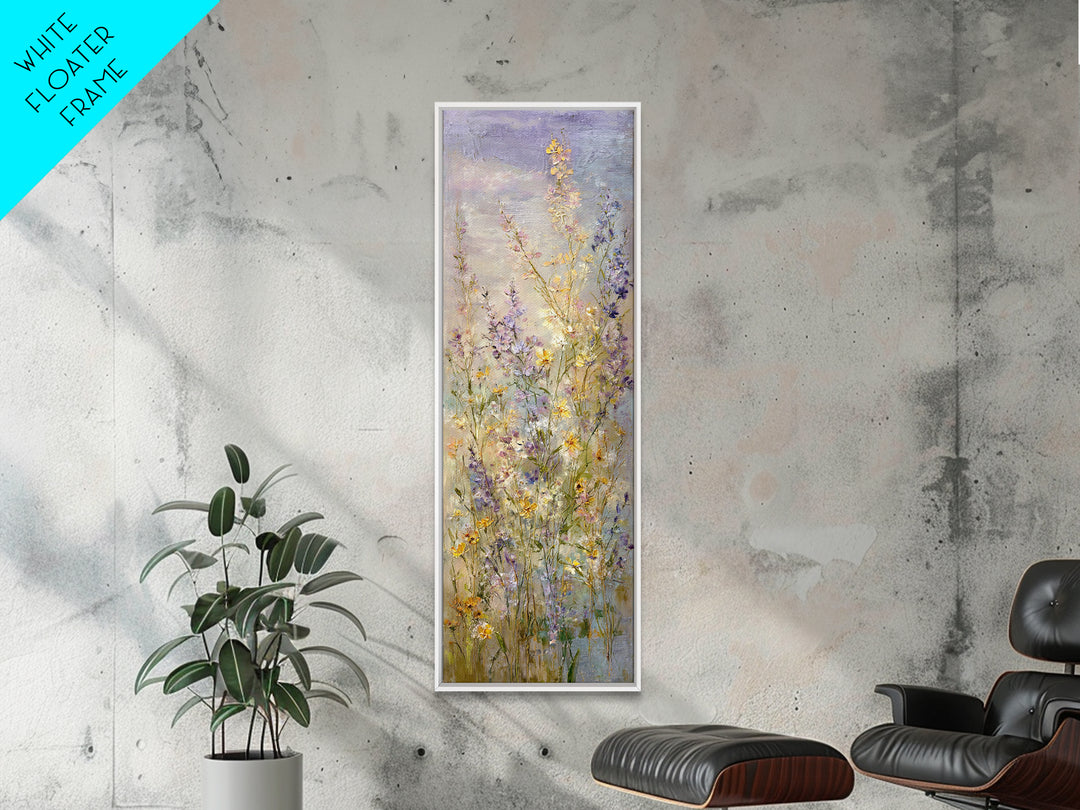 Wide Meadow of Muted Wildflowers at Dusk Framed Canvas Print, Above Bed Art, 3 Piece Wall Art, Bedroom Decor, Watercolor Art, ABA-1x3-46
