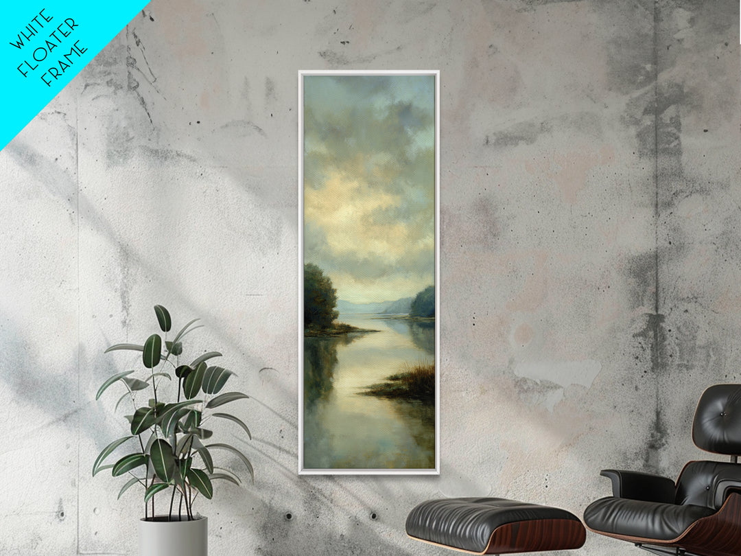 Calming Lake Reflection Framed Canvas Print, Above Bed Art, Original Art, Bedroom Decor, Serenity, Sage Green Wall Art, ABA-1x3-47