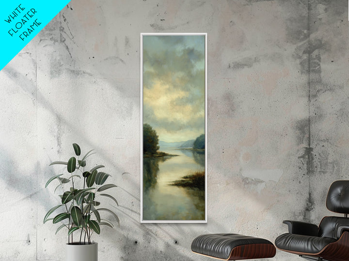 Calming Lake Reflection Framed Canvas Print, Above Bed Art, Original Art, Bedroom Decor, Serenity, Sage Green Wall Art, ABA-1x3-47