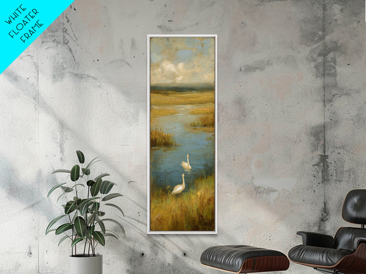 Paired Swans in a Dreamy Painterly Lake Canvas Print, Above Bed Art, Home Decor, Bedroom Decor, Fine Art, Serenity, ABA-1x3-82