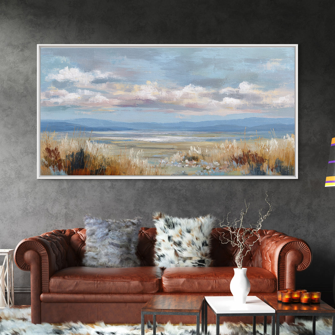 Tranquil Cloudscape with Blush Undertones Framed Canvas Print, Above Bed Art, Wall Decor, Bedroom Decor, Fine Art, Serenity, ABA-2x1-1