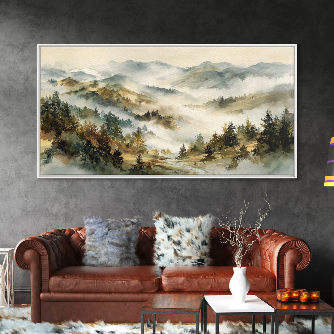 Quiet Forest Ridge Softened by Fog Framed Canvas Print, Above Bed Art, Art Print, Bedroom Decor, Fine Art, Serenity, Dorm Decor, ABA-2x1-10