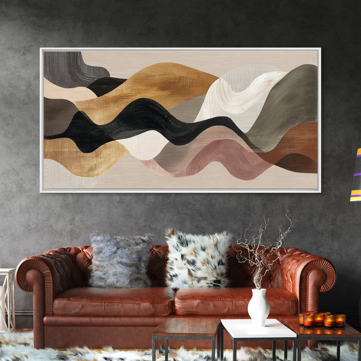 Warm Taupe Abstract Waves Framed Canvas Print, Above Bed Art, Horizontal Wall Art, Bedroom Decor, Abstract Art, Serenity, ABA-2x1-11