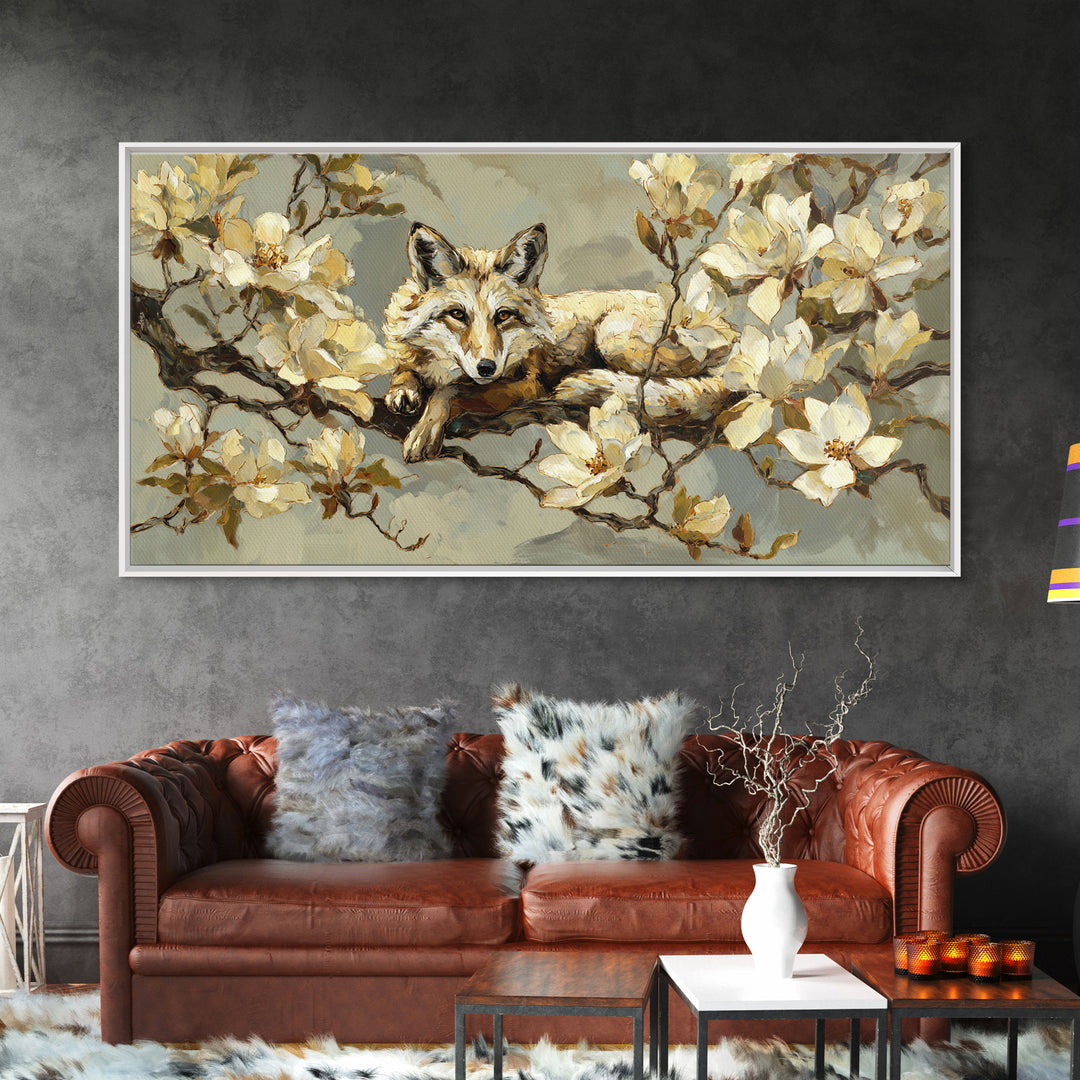 Delicate Magnolia Branch on Cream Background Framed Canvas Print, Above Bed Art, Bedroom Decor, Watercolor Art, Serenity, ABA-2x1-12