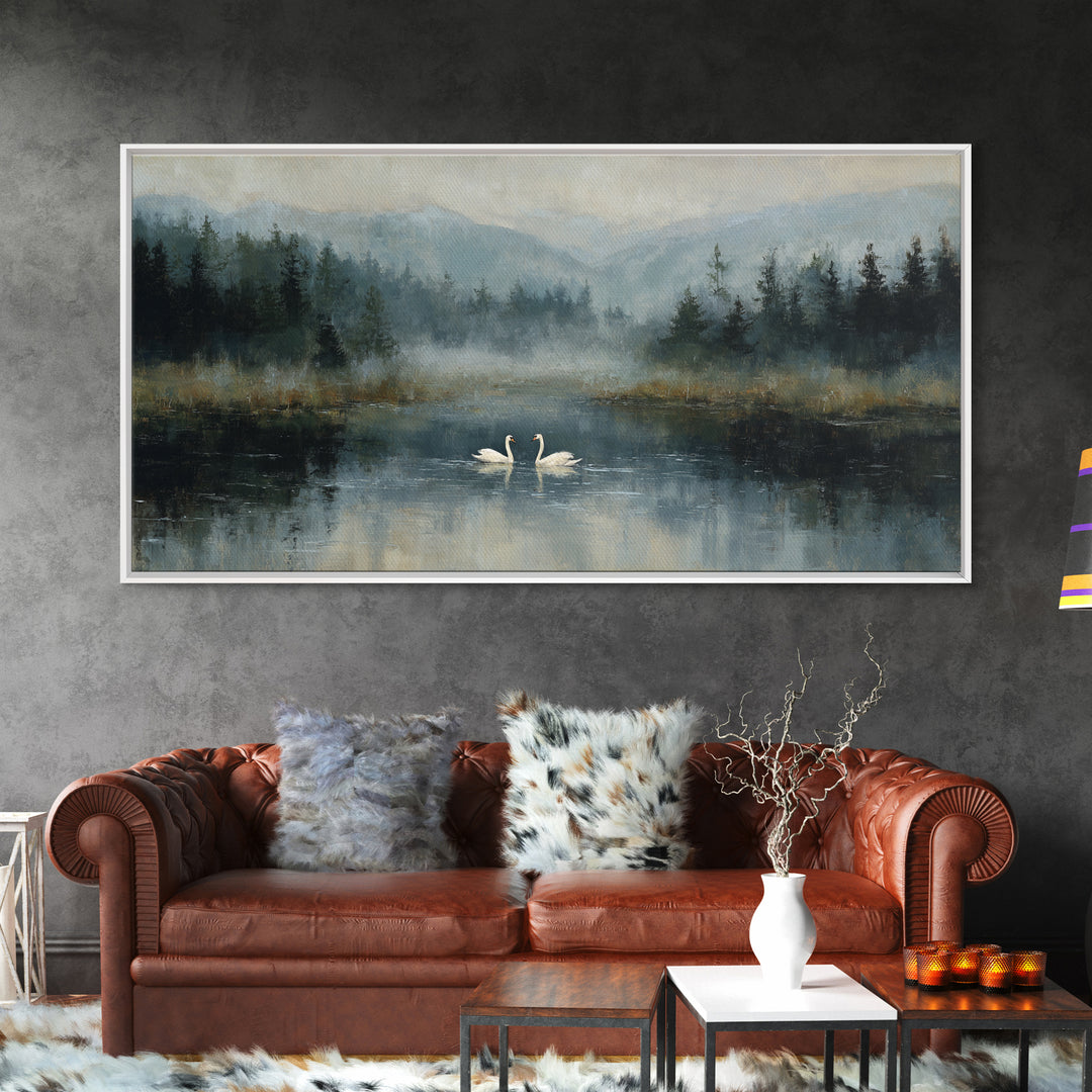 Paired Swans in a Dreamy Painterly Lake Framed Canvas Print, Above Bed Art, Fine Art Print, Bedroom Decor, Fine Art, Serenity, ABA-2x1-18