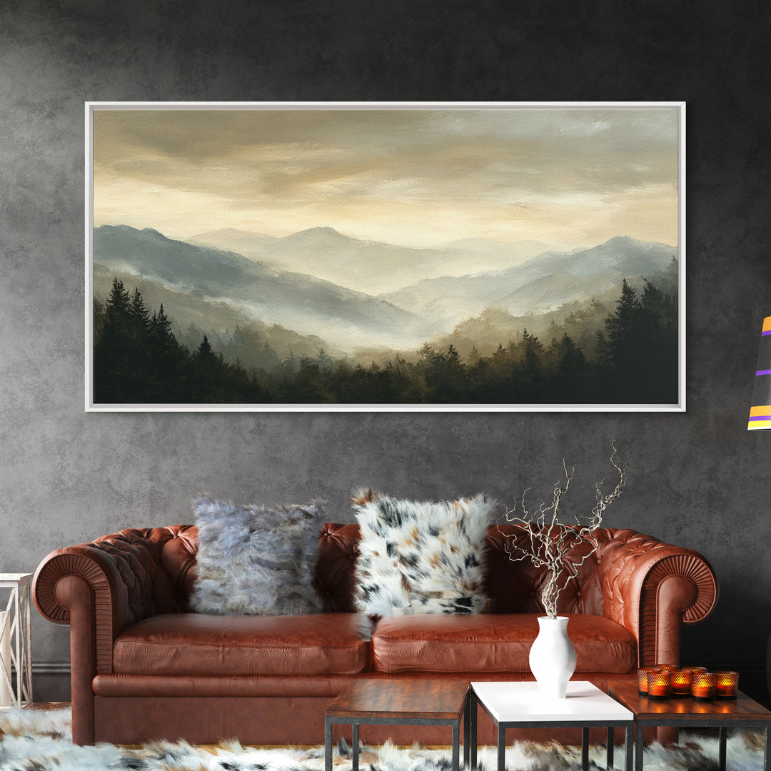 Panoramic Misty Mountain Landscape Canvas Print, Above Bed Art, Wall Art, Bedroom Decor, Fine Art, Serenity, Digital Print, ABA-2x1-21
