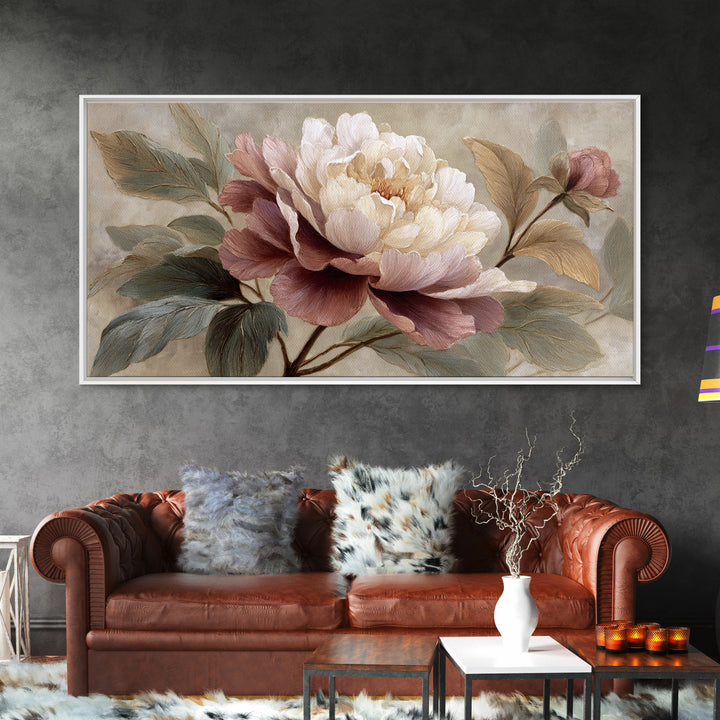 Romantic Oversized Peony Bloom on Warm Linen Canvas Print, Above Bed Art, Statement Artwork, Bedroom Decor, Abstract Art, ABA-2x1-22
