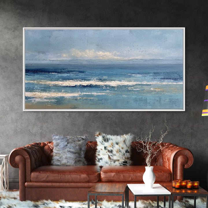 Quiet Moon over a Calm Ocean Horizon Framed Canvas Print, Above Bed Art, Mid Century Modern, Bedroom Decor, Fine Art, Serenity, ABA-2x1-23