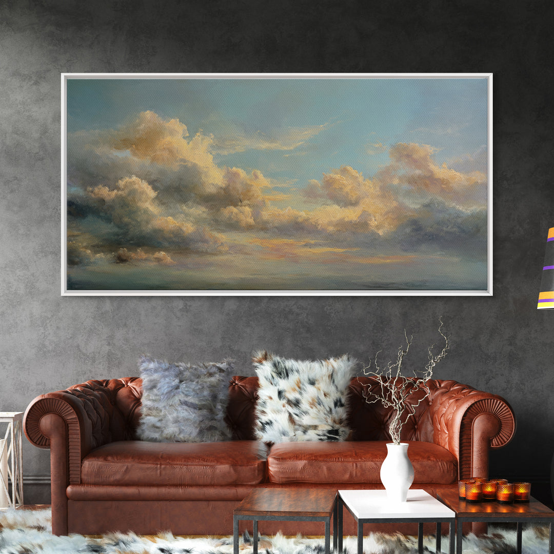 Tranquil Cloudscape with Blush Undertones Framed Canvas Print, Above Bed Art, Wall Decor, Bedroom Decor, Fine Art, Serenity, ABA-2x1-25