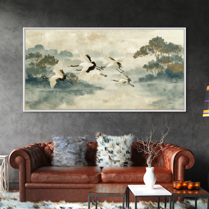 Ethereal Cranes Flying Through Pale Morning Mist Canvas Print, Above Bed Art, Digital Prints, Bedroom Decor, Serenity, ABA-2x1-29